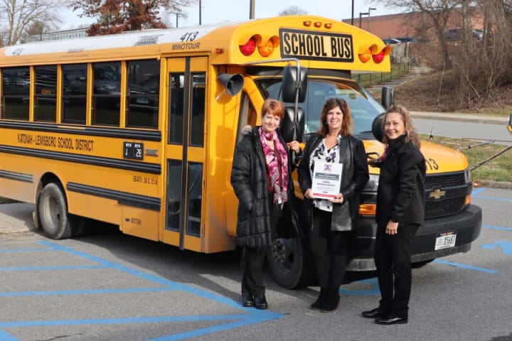 Katonah-Lewisboro school bus driver Carol Rivera Gaffey (middle) has been&nbsp;awarded National Special-Needs School Bus Driver of the Year by&nbsp;AMF-Bruns of America.&nbsp;