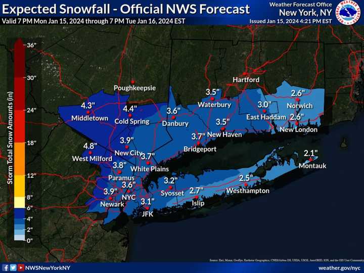 Total snow accumulations of 3 to 4 inches (areas shown in the two darkest shades of blue) and ice accumulations of a light glaze are now expected in much of the region, up from the earlier 2 to 3 inches forecast.&nbsp;
  
