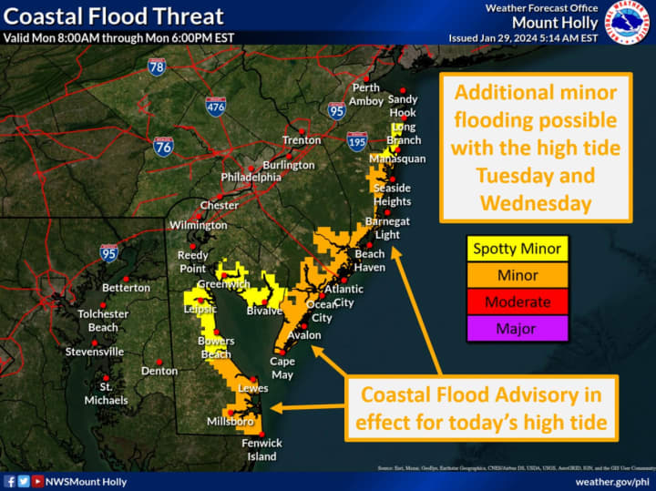 A coastal flooding forecast map released by the National Weather Service on Monday, Jan. 29.