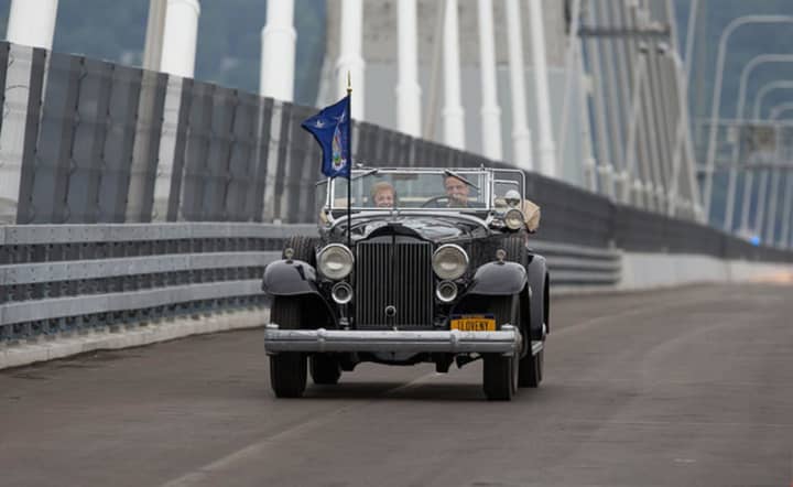 Gov. Cuomo and his mother Matilda take the first drive across the second span of the new Tappan Zee Bridge in a 1932 Packard once owned by former President Franklin D. Roosevelt.