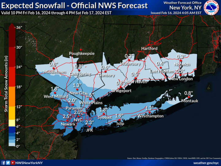 Areas in the darkest shade of blue are expected to see the most snowfall, with more than 2 inches expected in parts of Nassau County, Queens, and Northern New Jersey.