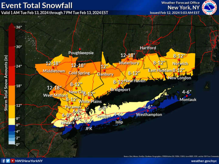 The latest snowfall projection map released on Monday, Feb. 12 by the National Weather Service.
  
