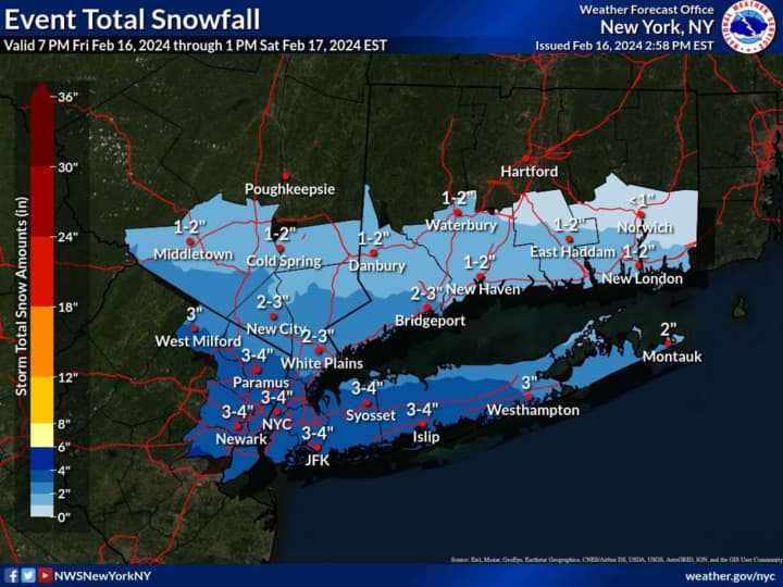 Areas in the darkest shade of blue are expected to see the most snowfall, with up to 4 inches in those spots, including much of Long Island.