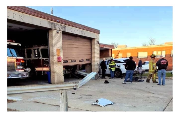The SUV plowed into the front entrance of the Company 1 firehouse on Broad Avenue in Ridgefield on Monday, March 11.
