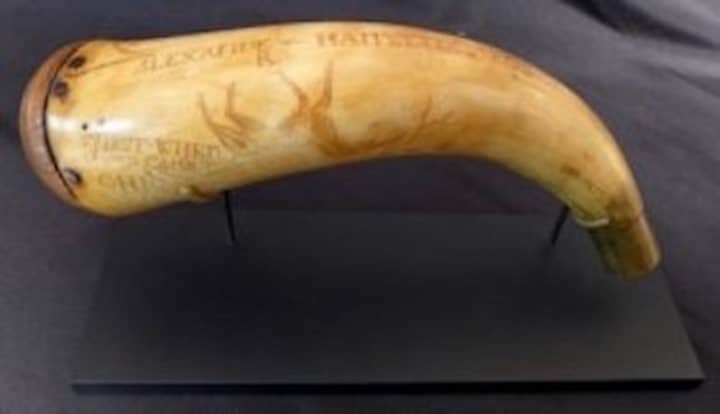 A rare cow horn is engraved with Alexander Hamilton&#x27;s name and the year 1773.
