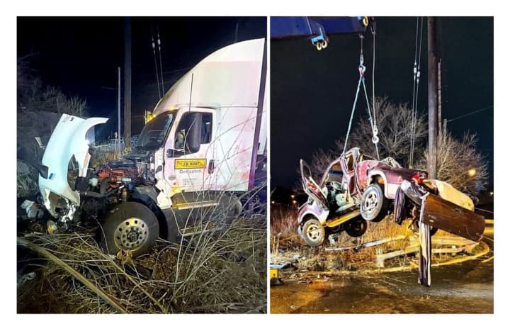 Hasbrouck Heights firefighters were assisted by their Wood-Ridge colleagues in freeing the female driver following the crash behind the Bendix Diner shortly before 9:30 p.m. Sunday, March 17.