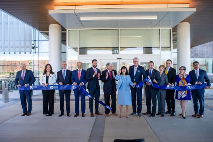 Gov. Phil Murphy joins elected and hospital officials for a ribbon-cutting ceremony at The Valley Hospital in Paramus.