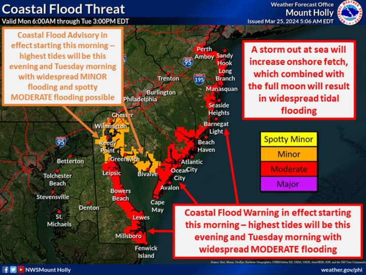 A coastal flood threat map for New Jersey issued by the National Weather Service on Monday, Mar. 25, 2024.
