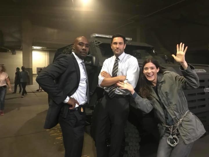 Morris Chestnut, left of NBC&#x27;s &quot;The Enemy Within,&quot; posted this photo on Instagram the day the show filmed at Bergen Community College (Oct. 10). He is pictured here with co-stars Noah Mills and Jennifer Carpenter.