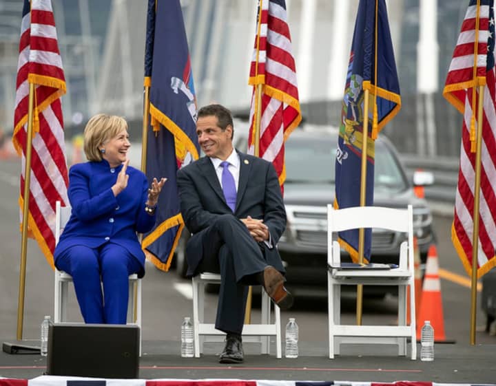 Gov. Andrew Cuomo and Hillary Clinton celebrate the opening of the new bridge.