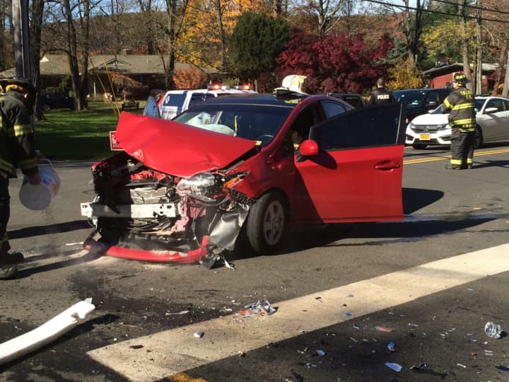 Several children and a pregnant woman were hospitalized following a two-car crash in Ramapo.
