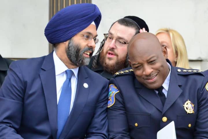 New Jersey Attorney General Gurbir S. Grewal and new Bergen County Sheriff Anthony Cureton.