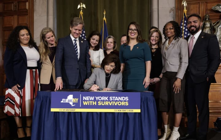 New York Gov. Kathy Hochul signs the "Rape is Rape" law in Albany on Tuesday, Jan. 30.&nbsp;