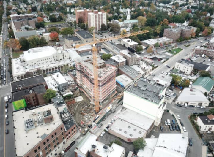 An aerial view of a 28-story development in New Rochelle.