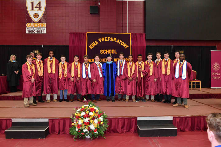 Bro. Thomas Leto, president, with Iona Preparatory School’s 2018 St. Columba Award-winners for exemplifying the ideals and traditions of Iona Prep, during commencement exercises at Iona College.