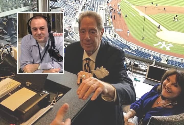 John Sterling with Suzyn Waldman in the WFAN New York Yankees broadcast booth. INSET: Rickie Ricardo.