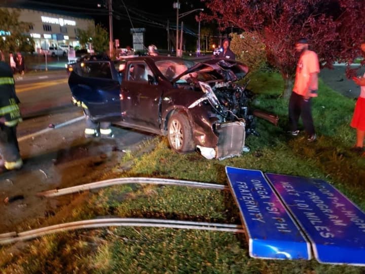 Three were injured after crashing into a utility pole on Route 59 in Rockland County.