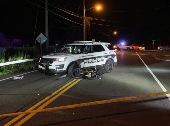 A Ramapo police cruiser was involved in a crash with a motorcycle in Hillcrest.