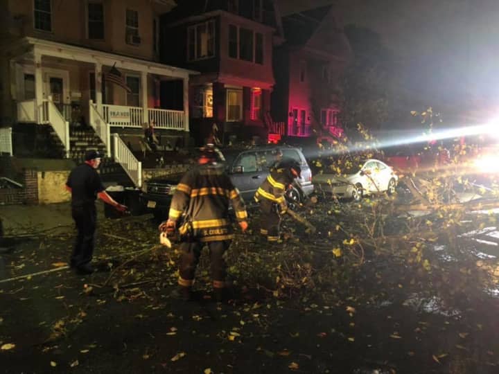 A tree came down on West 4th Street in Bayonne during a storm early Friday