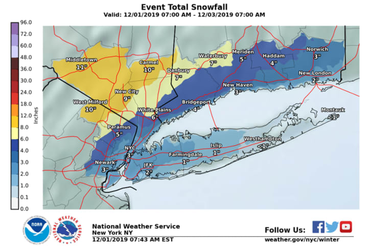 Bergen County could get five inches of snow Monday, the NWS said.