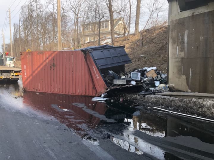 The container that hit the bridge on Route 208 in Fair Lawn dumped some items.