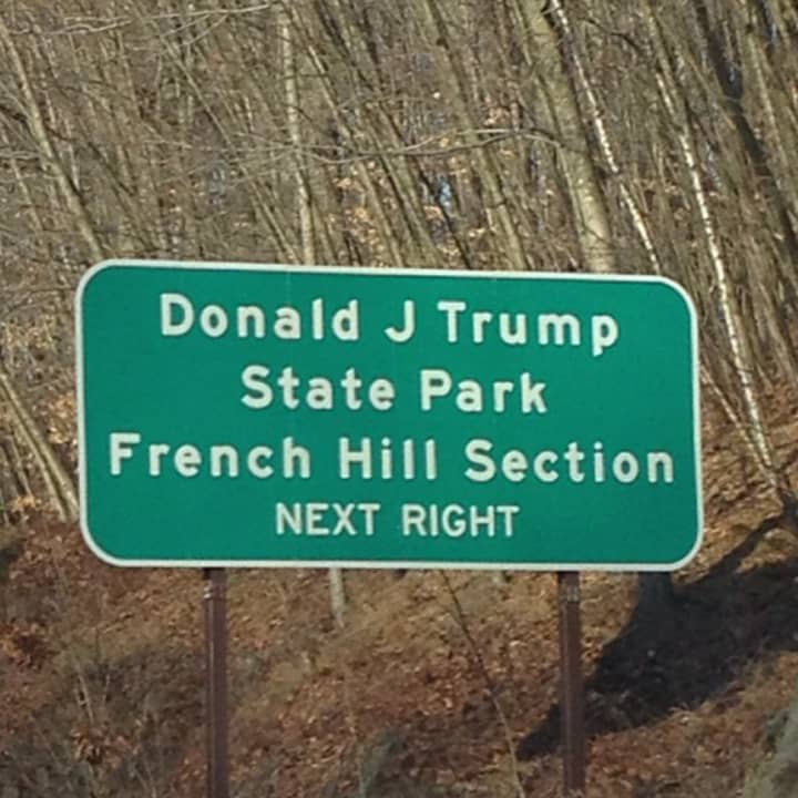 A piece of a sign similar to this one for Donald J. Trump State Park broke off yesterday along the Taconic Parkway due to high winds.