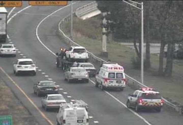 An accident on Route 8 southbound between Exits 2 and 1 in Bridgeport is blocking a lane Wednesday afternoon.
