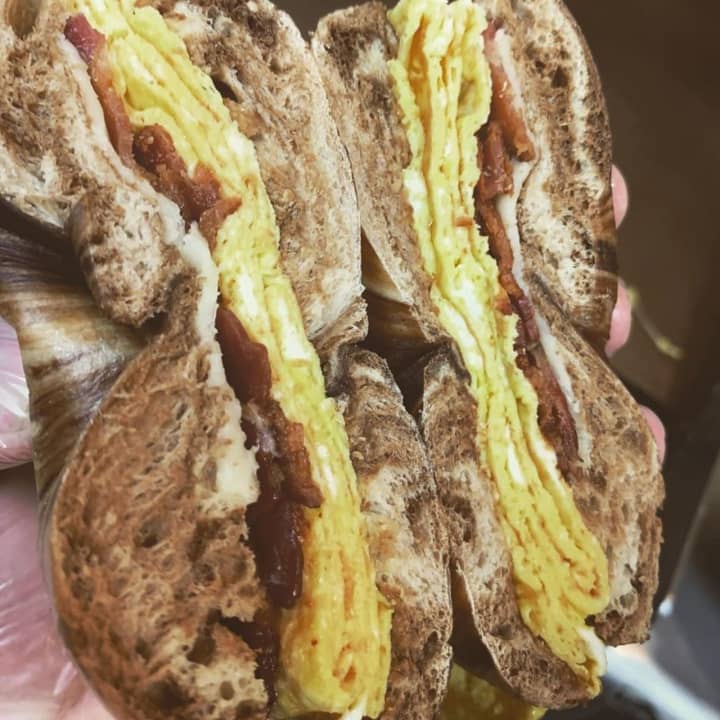 Hamilton Bagel &amp; Grill serves savory breakfast sandwiches like the applewood smoked bacon, egg and cheese on a marble rye bagel.