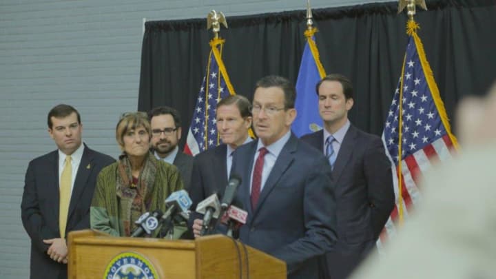 Gov. Dannel Malloy announces federal funding for Connecticut as state Rep. Steve Stafstrom (far left), U.S. Sens. Richard Blumenthal (center) and Jim Himes (far right) and others look on.