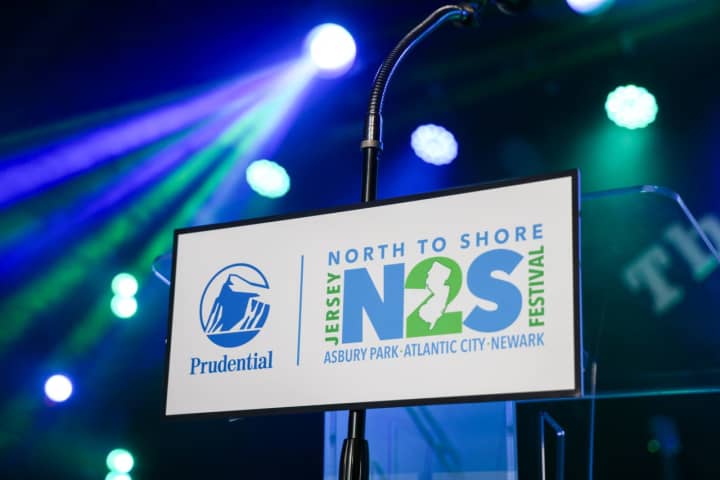 A podium at The Stone Pony in Asbury Park, NJ, during the announcement of the 2024 North to Shore Festival.
