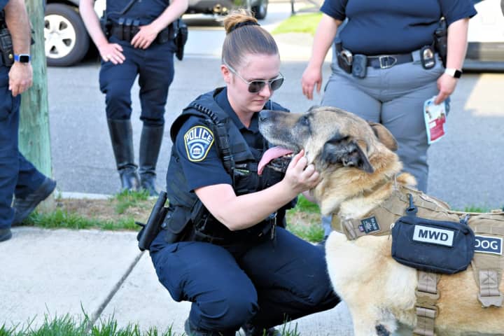 An Arlington County police officer meets with Rony, a former military service dog, earlier this week.