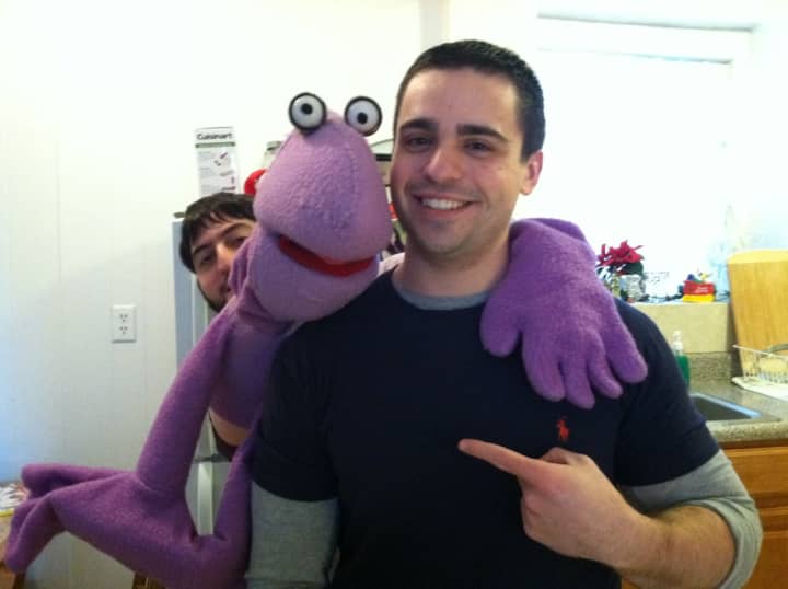 Anthony Desiato of White Plains with Wally Wackiman (in purple) and Zach Woliner, Wally&#x27;s creator (behind at left). Desiato&#x27;s documentary about the puppeteer debuts Oct. 22 during its first public screening at Yonkers Film Festival.