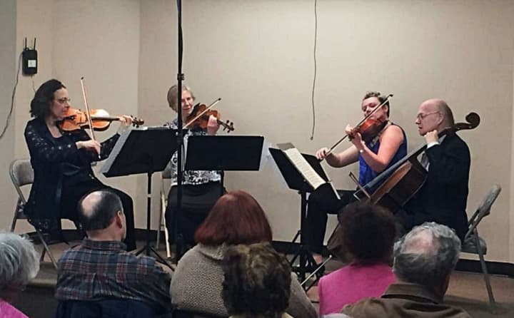 A group from the Adelphi Orchestra play at the Westwood Public Library in April.