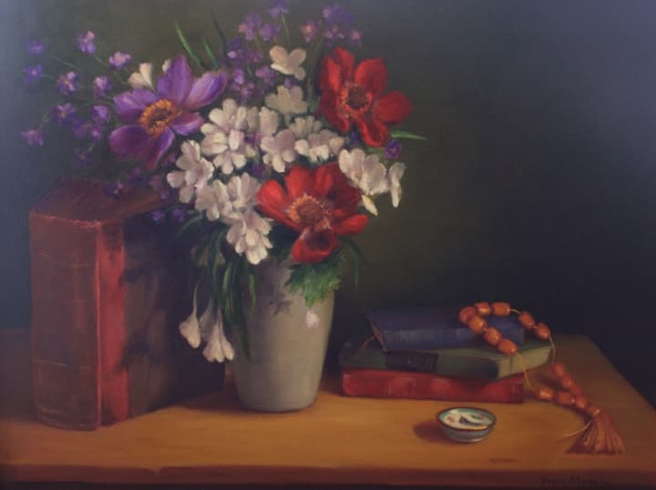 “Still Life With Beads,” by Mary Albanis, located in the Garden Room.