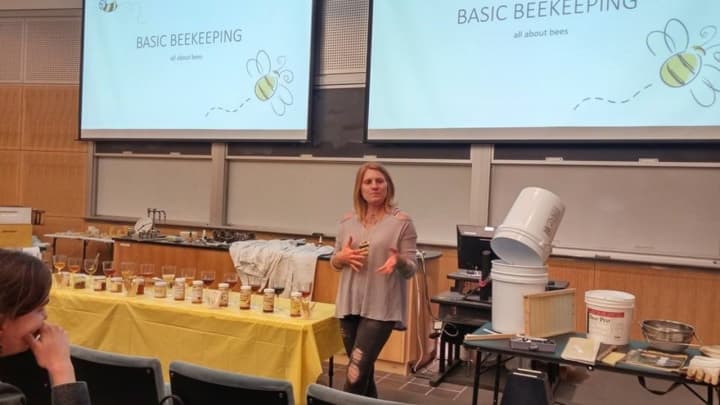 WestConn Permaculture Garden Intern Ashley Kenney discusses beekeeping at a “Farm for Yourself” lecture presented by the Jane Goodall Center this spring.