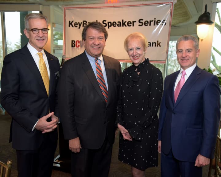 Joseph Markey of Key Bank, at left, with Westchester County Executive-elect George Latimer, Business Council of Westchester President/CEO Marsha Gordon and BCW Board Chairman Anthony Justic before Latimer&#x27;s speech to a Tuesday breakfast.