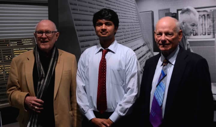 Briarcliff High School senior Karthik Rao (center) with Dr. Gordon Bell (left) and Dr. David Cutler at the ACM/CSTA Cutler-Bell Prize for Excellence in High School Computing award ceremony at the Living Computer Museum in Seattle