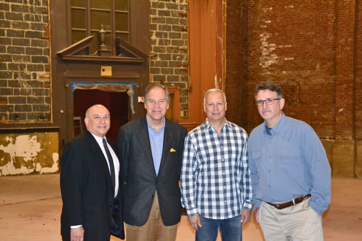 Chris Burdick, Bedford Town Supervisor, John Farr, Bob Torre and Darren Mercer in the current Bedford Playhouse. Work is scheduled to begin shortly on the building&#x27;s renovations.