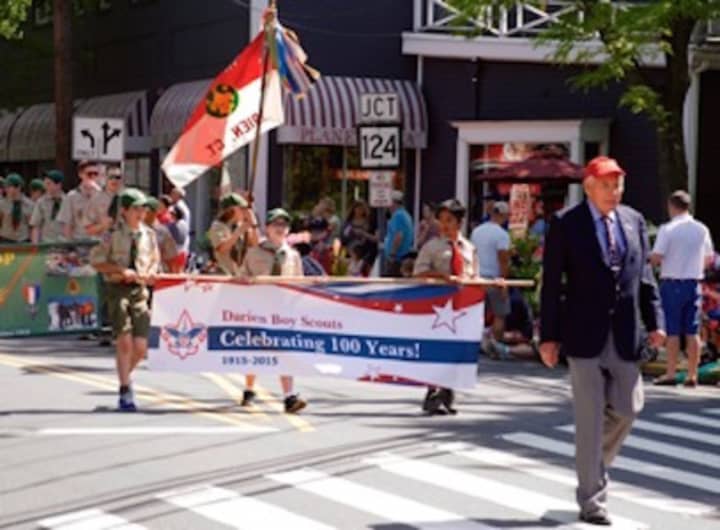 Darien Boy Scouts march in the 2015 Memorial Day parade