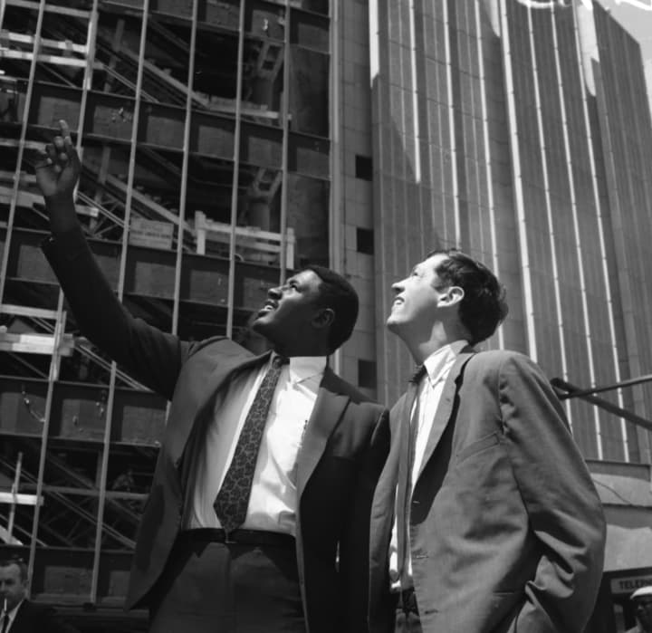 Willis Reed and Bill Bradley look at Madison Square Garden in 1967.