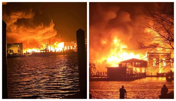 A massive wind-driven fire destroyed several buildings and boats along the Connecticut Coast.