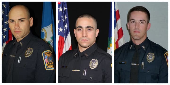 From left, Bristol Police Officer Sgt. Dustin Demonte and Officer Alex Hamzy, who were both killed, and Officer Alec Iurato, who was injured.