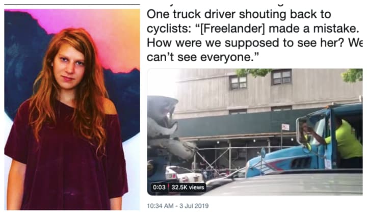 Bicyclists who turned out to mourn Ridgewood artist Devra Freelander began yelling when mix trucks with the same logo that fatally killed the 28-year-old artist drove by.