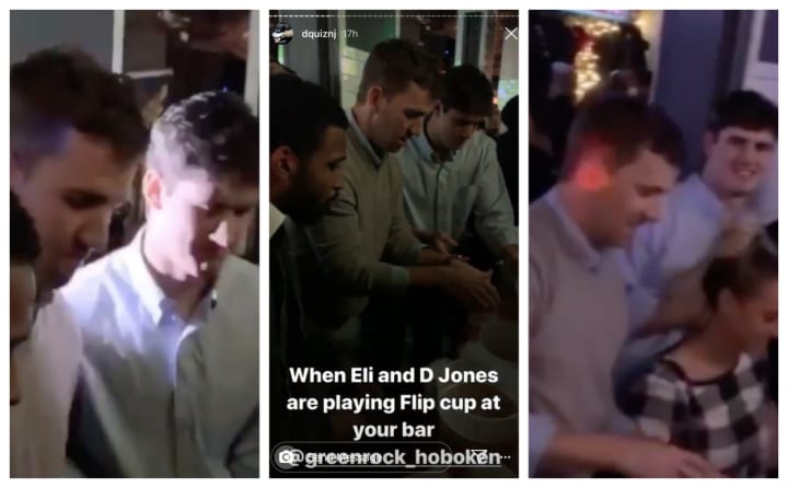 Eli Manning and Daniel Jones play flip-cup after Sunday&#x27;s win at Green Rock Tap &amp; Grill in Hoboken.