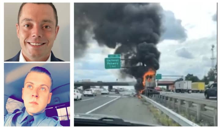 Jordan Reed, top left, and Daniel O&#x27;Beirne jumped into action to save a truck driver whose body became engulfed in flames in an NJ Turnpike crash Oct. 5.