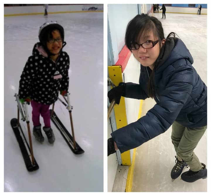 Kateri Sullivan, 13, struggled to make her way around the rink at  Fritz Dietl in Westwood after officials barred her adaptive walker from the ice. Left: Kateri uses her adaptive walker at a different rink.