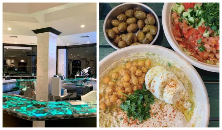 Inside Umacha, left, now open in Edgewater and hummus and salads from Vish, now open in Tenafly.