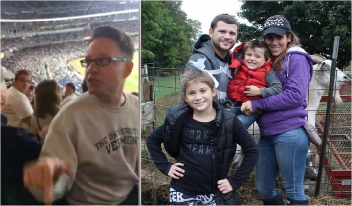 Left: A Yankees fan calls a Harrison boy with special needs a derogatory name in a viral video posted by his father. Right: The DiMarco Family with Lucciano, 4.