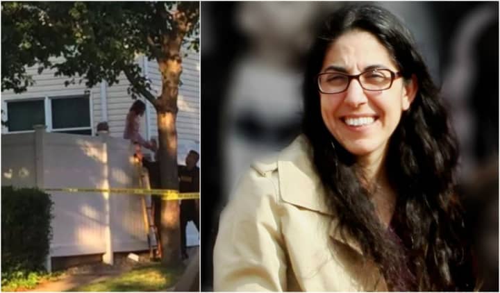 Left: Police help Michele Sabia&#x27;s kids over the fence of their Carlstadt house the day of the homicide. Right: Michele Miragliotta Sabia.