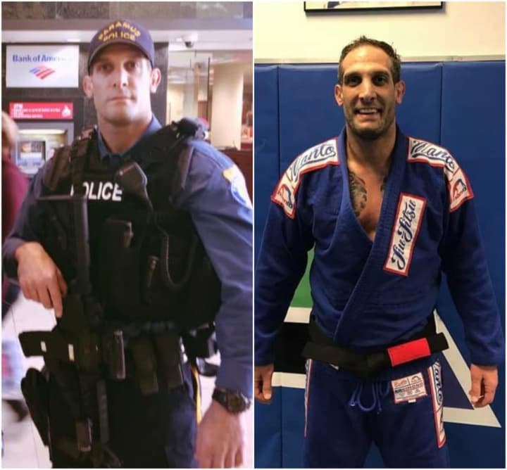 Paramus Detective Mark Pinajian at work, left, and moments after earning his black belt in Brazilian Jiu Jitsu, right.